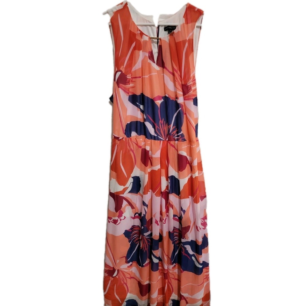 Lane Bryant NWT Floral Chiffon Maxi Dress Size 26 Coral Navy Pink Metal Detail